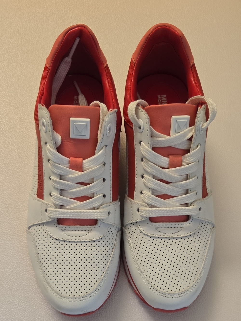 Michael Kors White and Coral Leather Lace-Up Sneakers